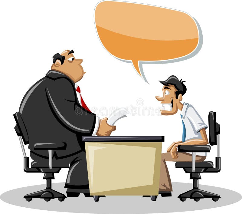 Cartoon man talking with his boss in office. Speech bubble. Dialog balloon. Cartoon man talking with his boss in office. Speech bubble. Dialog balloon.