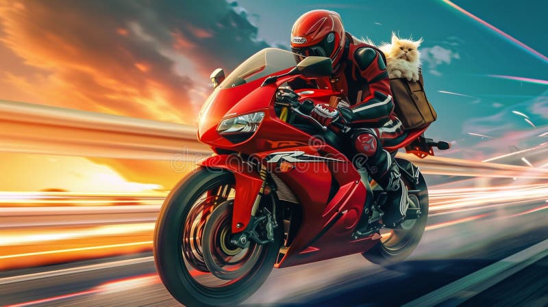 Mann, der rotes Motorrad fährt, Straße runter lizenzfreie abbildung