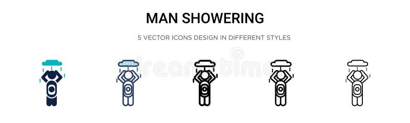 Mann, der Symbol in gefüllter Thin Linie Design und duscht Anschlagart. Vektorillustration zwei des Duschens des farbigen und Schw vektor abbildung
