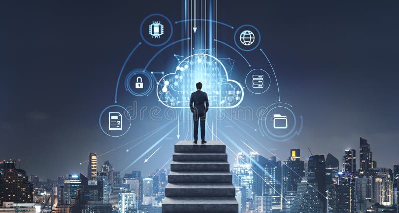 Mann, der vor der digitalen Cloud-Technologie steht, bangkok cityscap stock abbildung