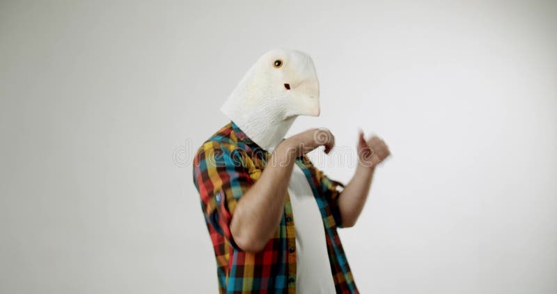 Mann in Entenmaske und Plaid Shirt Gesten gegen weißen Hintergrund stock footage