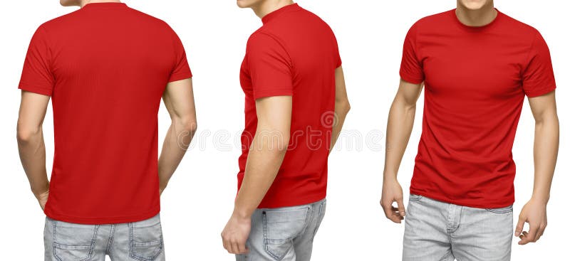 Mann im leeren roten T-Shirt, Front und hintere Ansicht, lokalisierte weißen Hintergrund Entwerfen Sie Mannt-shirt Schablone und lizenzfreie stockfotografie