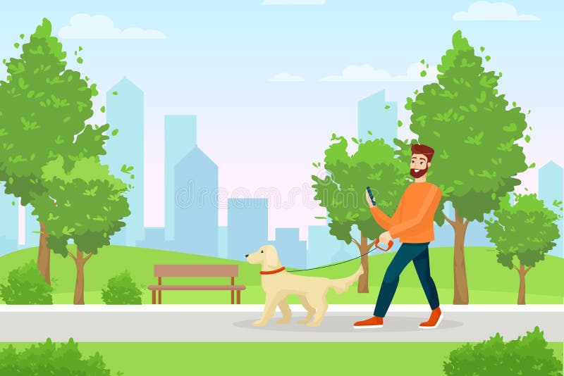 Mann mit Hundeflacher Vektorillustration Morgenspaziergang, Sommerzeitstadterholung, Freizeit im Park der Kerl Gehendes Haustier.