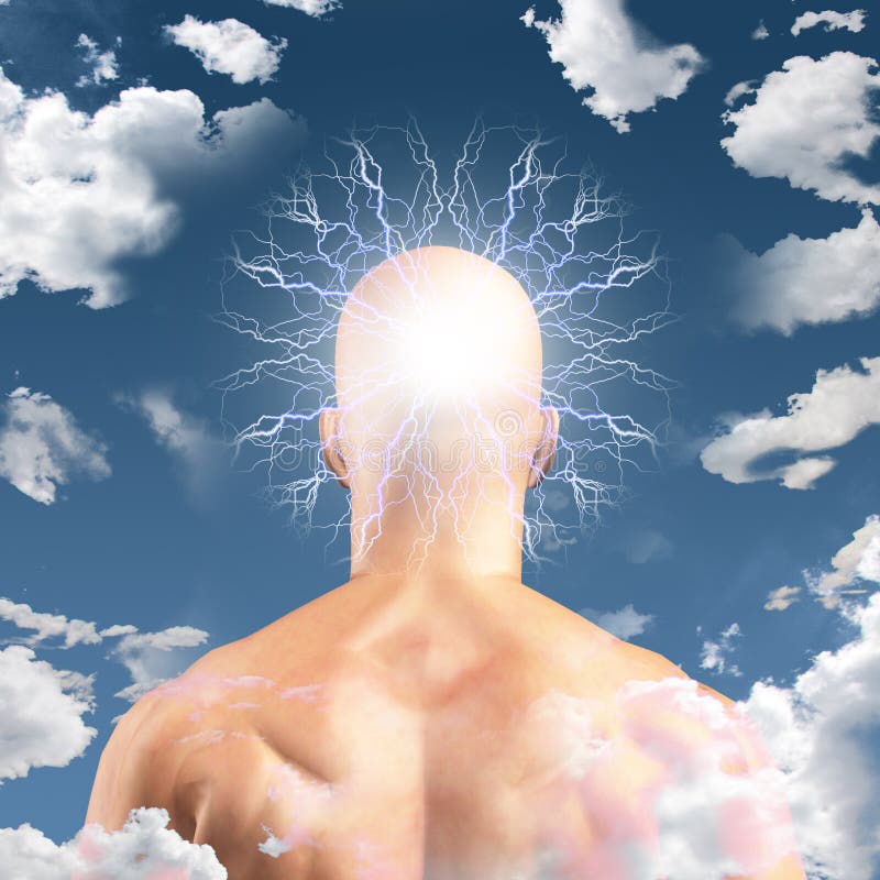 Man with Head in clouds radiates electric. Man with Head in clouds radiates electric