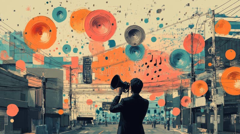 Mann mit Megaphon, umgeben von lebhaften abstrakten Musiksymbolen auf der Straße stockfoto