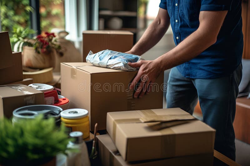 Mann packt Kisten an einem bewegten Tag. ein Typ, der Haushaltsartikel in Kartons in einem Wohnzimmer oder in einer Küche packt, u vektor abbildung