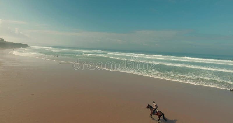 Mann-Reitpferd entlang Strand-Küstenlinie