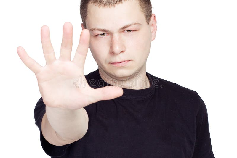 Mann stellt dar, dass die Hände auf weißem Hintergrund stoppen stockbild Mann stellt dar, dass die Hände auf weißem Hintergrund stoppen stockbild