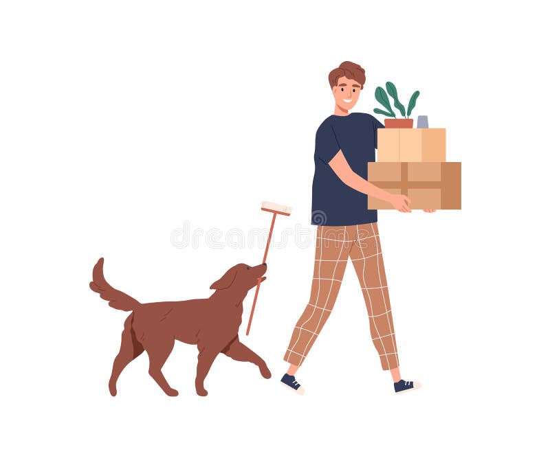 Mann und Hund. Person, die Karton und Pflanze mitführt. Mann und Hündin gehen mit zu Hause. Umkleidehaus lizenzfreie abbildung