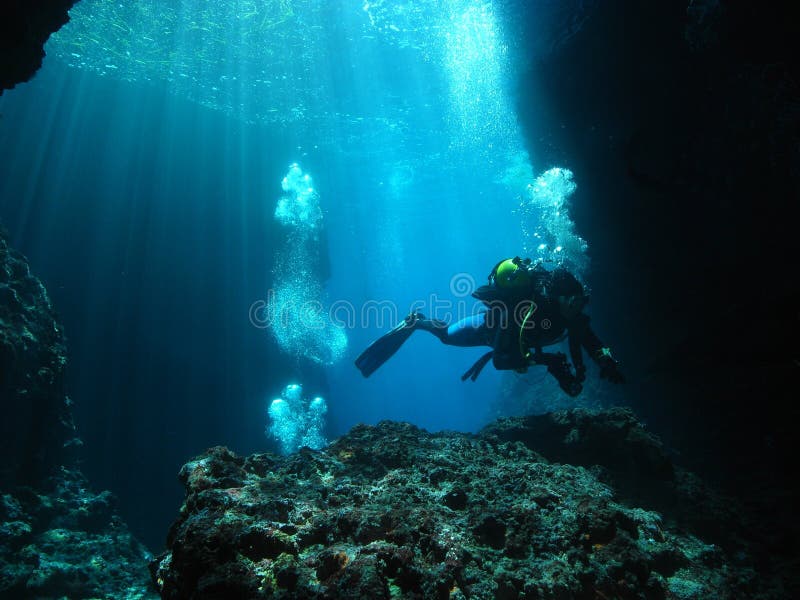 Mann-Unterwasserphotograph-Sporttauchen-Höhle