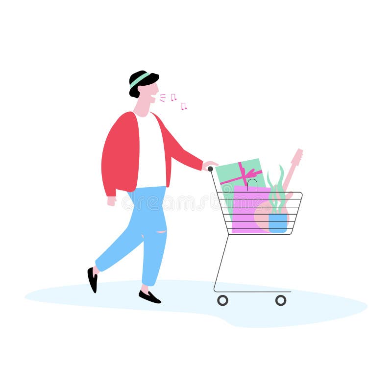 Mann walkign mit Einkaufswagen Shopaholic Konzept stock abbildung Mann walkign mit Einkaufswagen Shopaholic Konzept stock abbildung
