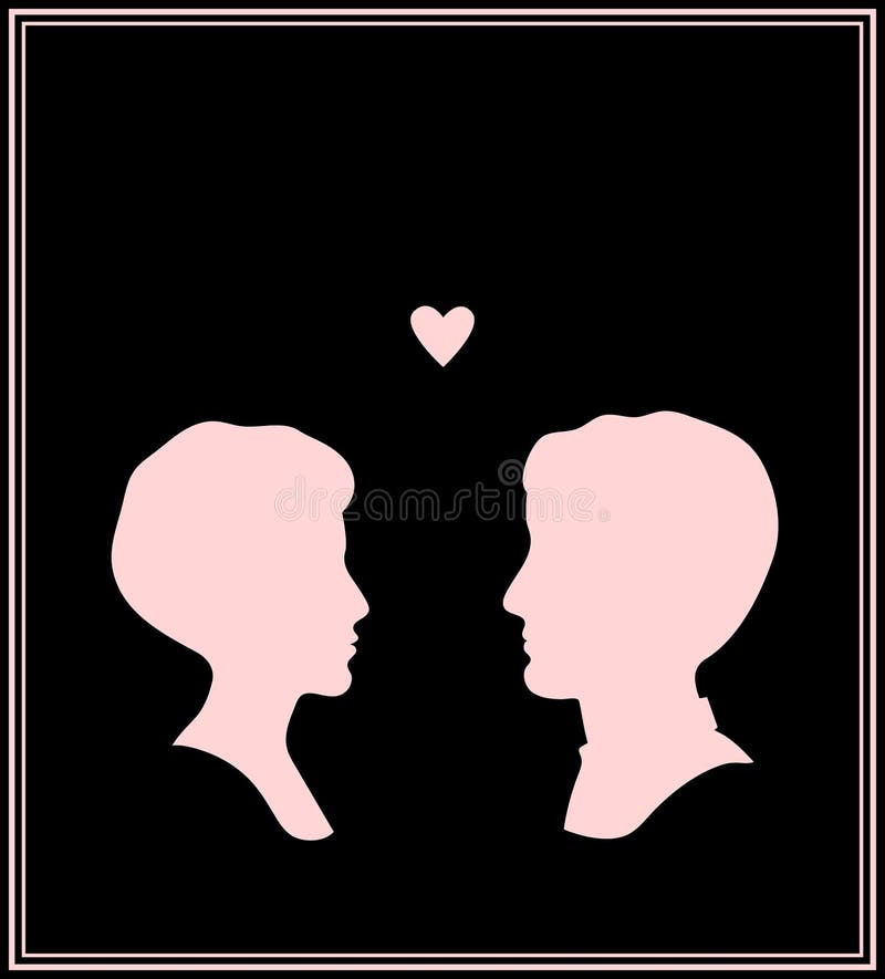 Mannelijke en vrouwelijke hoofdprofielsilhouetten in roze, romantische vector stock illustratie Mannelijke en vrouwelijke hoofdprofielsilhouetten in roze, romantische vector stock illustratie