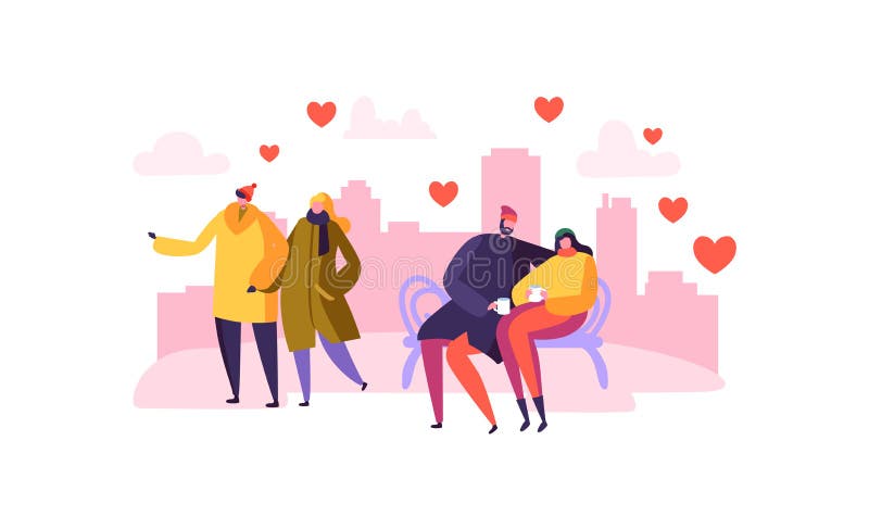 Mannelijke en Vrouwelijke Karakters in Liefde Gelukkige Paren Romantische Dag in de Stad Valentijnskaartenkaart met Mensen in Lie stock illustratie Mannelijke en Vrouwelijke Karakters in Liefde Gelukkige Paren Romantische Dag in de Stad Valentijnskaartenkaart met Mensen in Lie stock illustratie