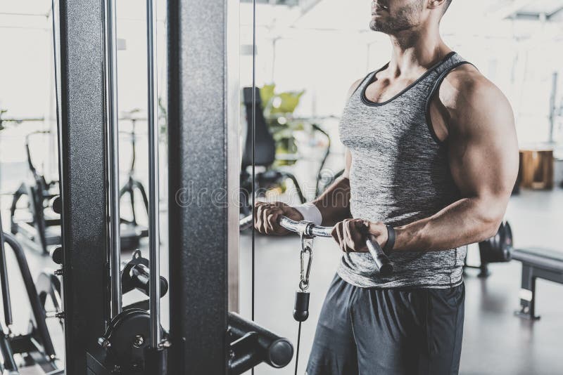 Mannelijke handen die op triceps in gymnastiek uitoefenen stock fotografie Mannelijke handen die op triceps in gymnastiek uitoefenen stock fotografie