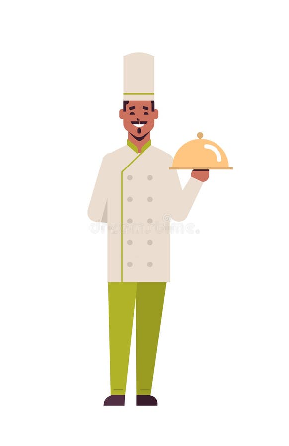 Male professional chef cook holding covered platter serving tray african american man restaurant worker in uniform cooking food concept flat full length vertical vector illustration. Male professional chef cook holding covered platter serving tray african american man restaurant worker in uniform cooking food concept flat full length vertical vector illustration