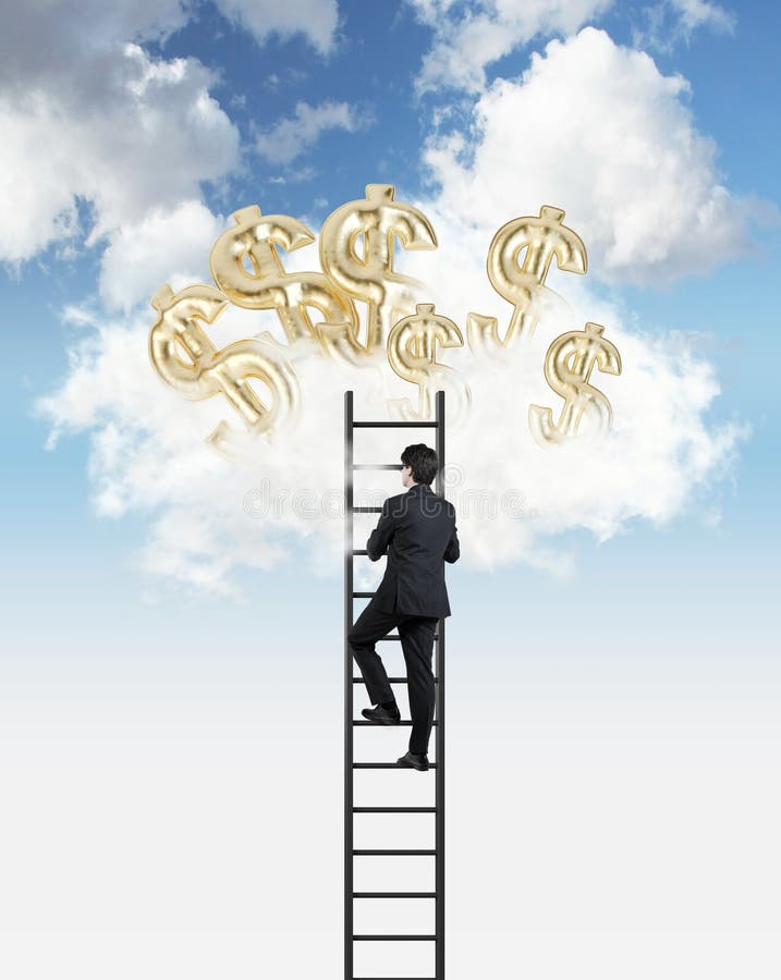 Mannen klättrar till molnen för att få luftballonger i en form av guld- dollartecken arkivbilder Mannen klättrar till molnen för att få luftballonger i en form av guld- dollartecken arkivbilder