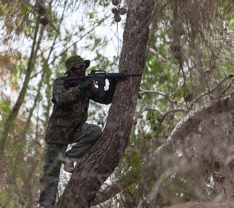 Mannen med ett vapen på ett träd möter fienden arkivfoto Mannen med ett vapen på ett träd möter fienden arkivfoto