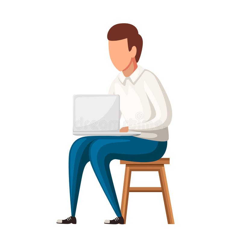 Mannen sitter på stol med bärbara datorn Ingen framsidateckendesign Plan illustration som isoleras på vit bakgrund royaltyfri illustrationer Mannen sitter på stol med bärbara datorn Ingen framsidateckendesign Plan illustration som isoleras på vit bakgrund royaltyfri illustrationer