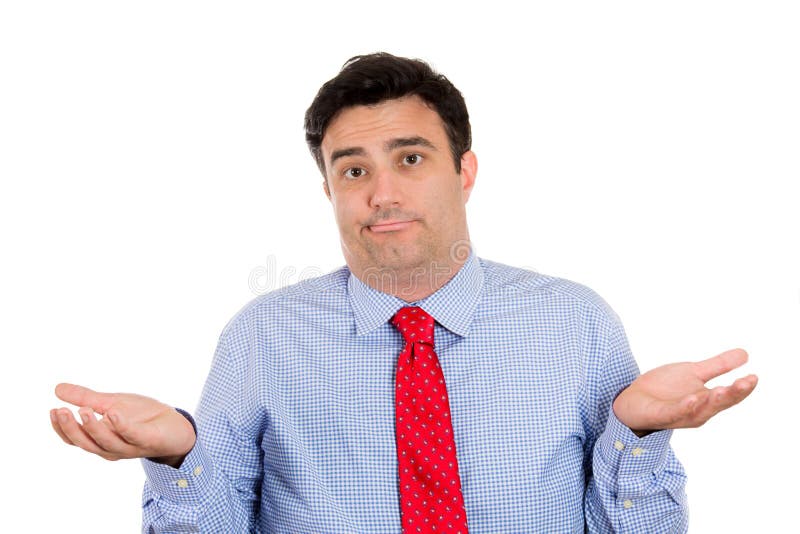 Closeup portrait of handsome businessman or worker or boss asking what's the problem, who cares, so what or I don't know. Isolated on white background with copy space. Closeup portrait of handsome businessman or worker or boss asking what's the problem, who cares, so what or I don't know. Isolated on white background with copy space.