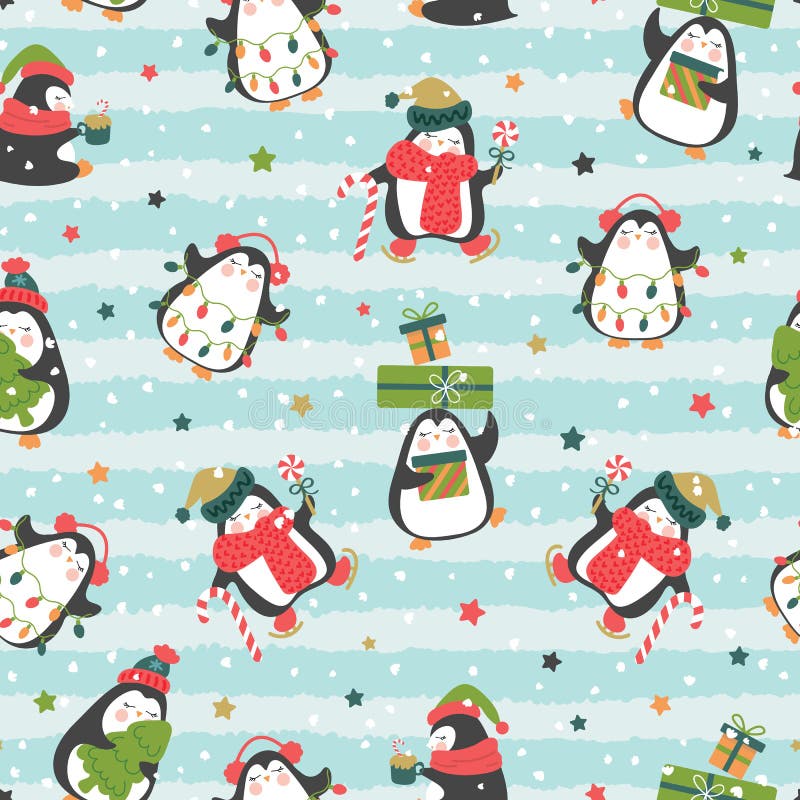 Mannequin sans soucis de Noël avec des pingouins mignons sur fond rayé en ligne avec des étoiles colorées illustration libre de droits