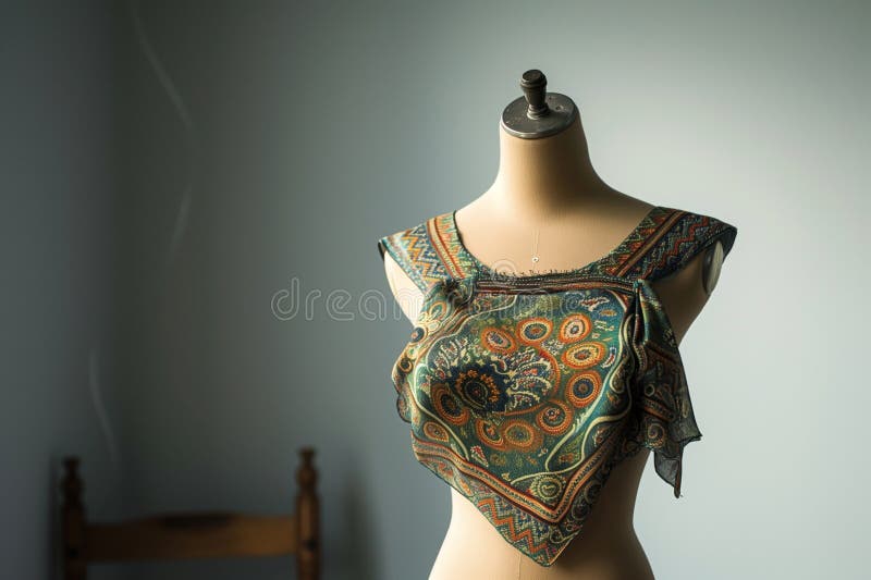 mannequin torso with patterned silk scarf as a top, created with generative ai AI generated