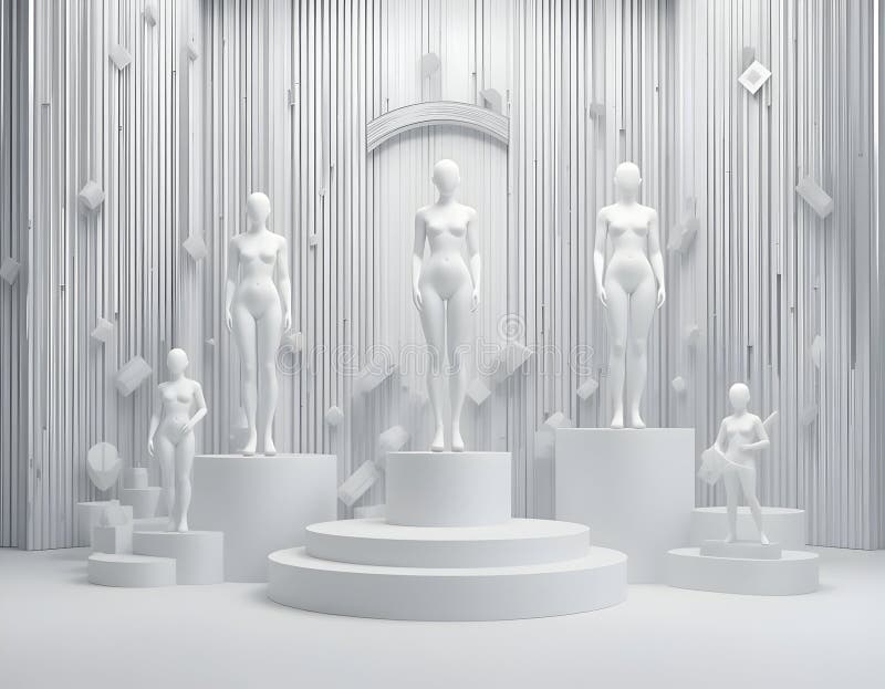 Mannequins Displayed on White Platforms with Abstract Geometric Background. White mannequins are exhibited on platforms, set against an abstract white geometric backdrop, creating a clean aesthetic Perfect for retail design