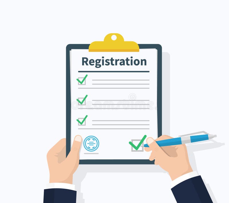 Man hold Registration clipboard with checklist. Man hold in hand clipboard agreement. Flat design, vector illustration on background. Man hold Registration clipboard with checklist. Man hold in hand clipboard agreement. Flat design, vector illustration on background