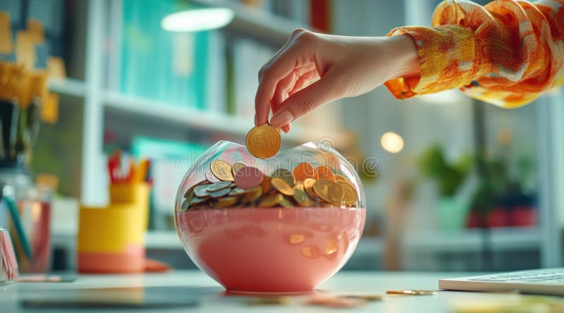 Mano aggiunta di monete in una ciotola di salvadanaio sulla scrivania nell'ufficio domestico. Chiusura di una mano che mette le monete in un salvadanaio rotondo. Il contesto mostra un ufficio domestico o uno studio con un'atmosfera calma e colorata che enfatizza i risparmi e la gestione finanziaria nella vita quotidiana. Generato dall'AI