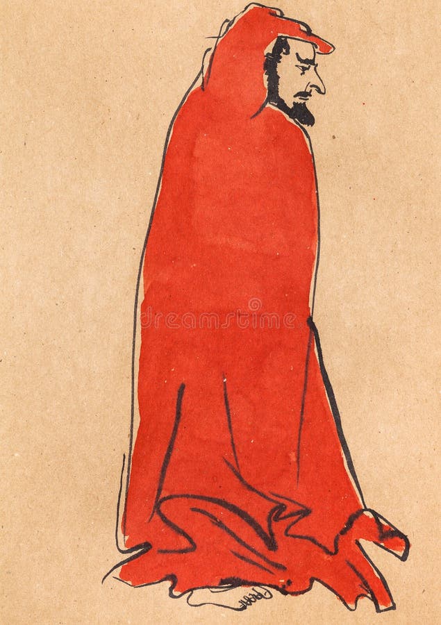 Buddhist character arhat in red cloak hand drawn in sumi-e style by watercolors on kraft paper. Buddhist character arhat in red cloak hand drawn in sumi-e style by watercolors on kraft paper