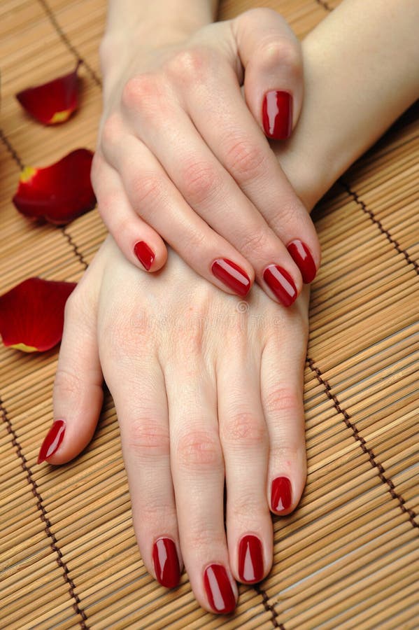 Beautiful hand with perfect nail red manicure and rose petals. Beautiful hand with perfect nail red manicure and rose petals.