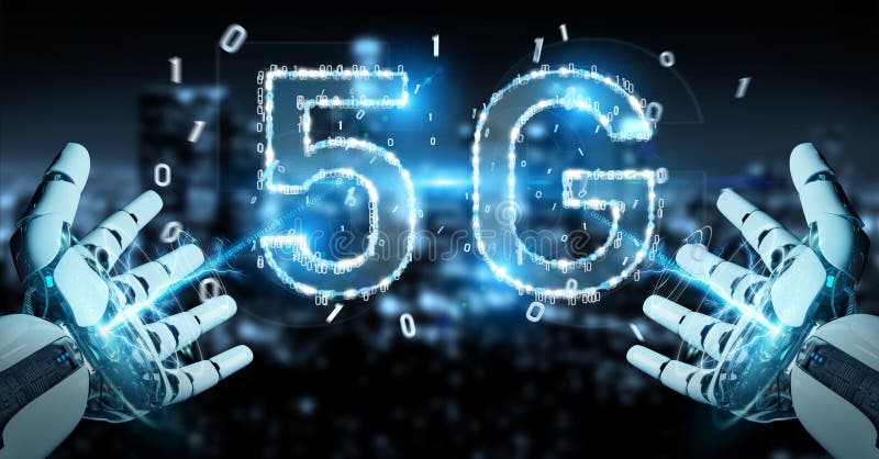 Mano blanca del cyborg usando la representación digital del holograma 3D de la red 5G libre illustration Mano blanca del cyborg usando la representación digital del holograma 3D de la red 5G libre illustration