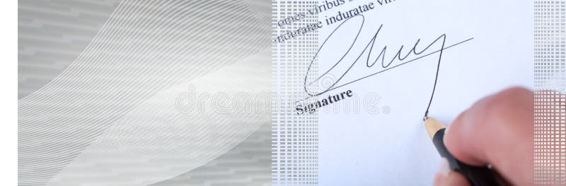Mano che firma un contratto Bandiera panoramica immagine stock Mano che firma un contratto Bandiera panoramica immagine stock
