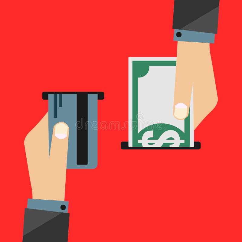 Mano che ritira soldi (banconota in dollari) dal conto bancario con la carta di credito - contare progettazione piana di vettore illustrazione vettoriale Mano che ritira soldi (banconota in dollari) dal conto bancario con la carta di credito - contare progettazione piana di vettore illustrazione vettoriale