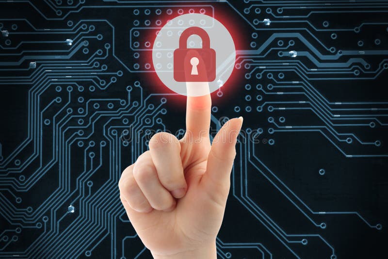 Mano che spinge il bottone virtuale di sicurezza immagine stock libera da diritti Mano che spinge il bottone virtuale di sicurezza immagine stock libera da diritti