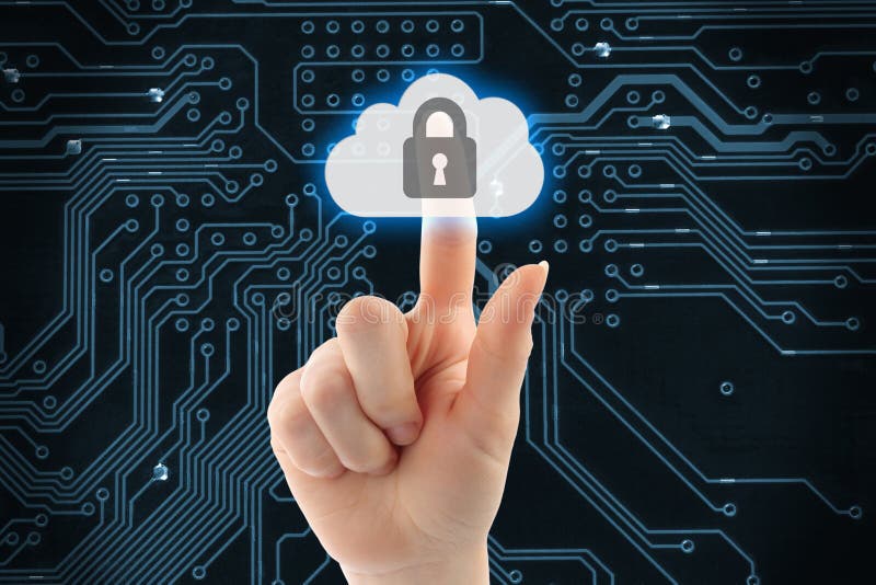 Mano che spinge il bottone virtuale di sicurezza della nuvola immagine stock libera da diritti Mano che spinge il bottone virtuale di sicurezza della nuvola immagine stock libera da diritti