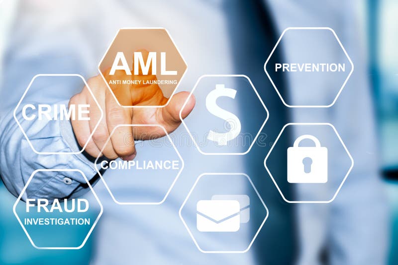 Mano che tocca bottone con l'anti segno di riciclaggio di denaro di AML immagine stock Mano che tocca bottone con l'anti segno di riciclaggio di denaro di AML immagine stock
