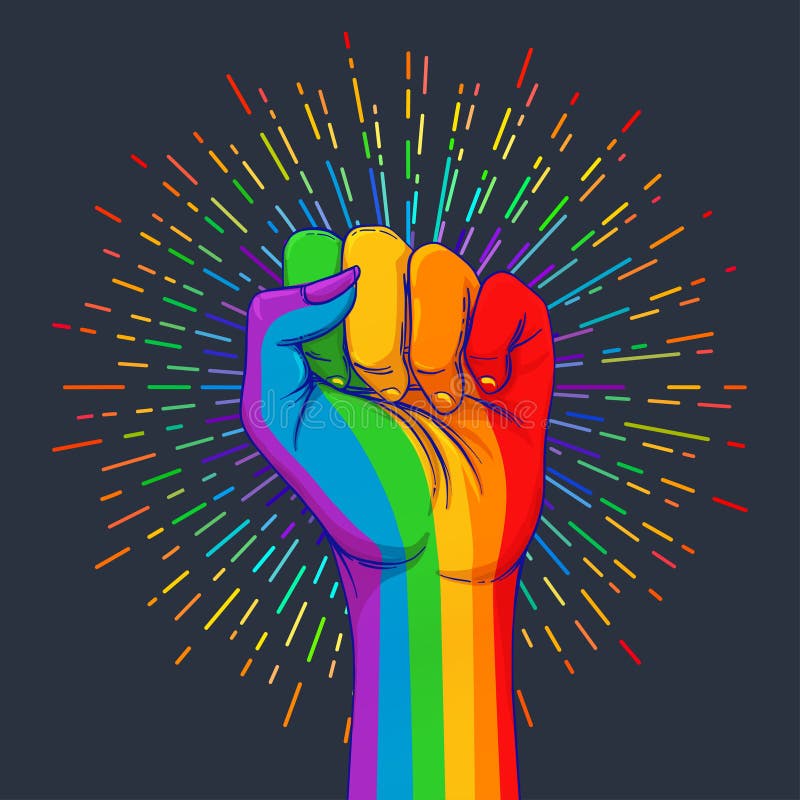 Mano colorata arcobaleno con un pugno alzato su Orgoglio gaio LGBT concentrato