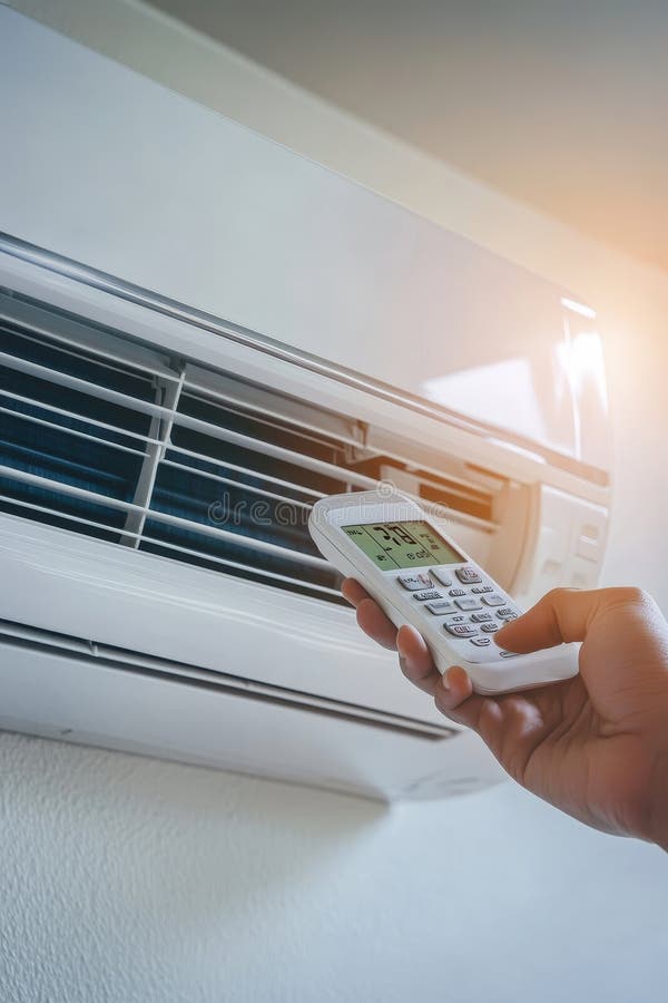 Mano con control remoto ajustando la temperatura en el hogar de refrigeración del aire acondicionado en verano. stock de ilustración