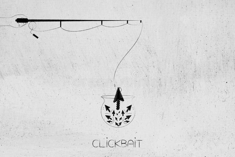 Mano con il puntatore del mouse di cattura della canna da pesca fra molti, clickba illustrazione di stock