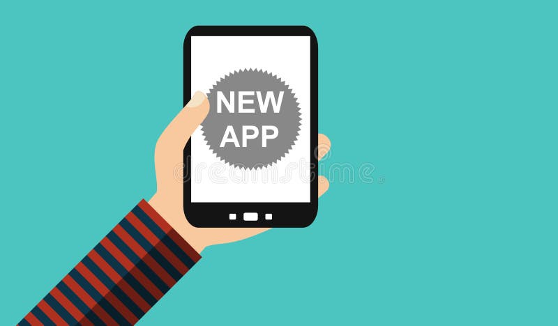 Mano con il telefono cellulare: Nuovo App - progettazione piana illustrazione di stock Mano con il telefono cellulare: Nuovo App - progettazione piana illustrazione di stock