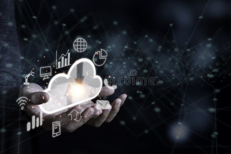 Mano con inteligencia artificial virtual con transformación de tecnología de nube e internet de cosas. tecnología de nube fotografía de archivo