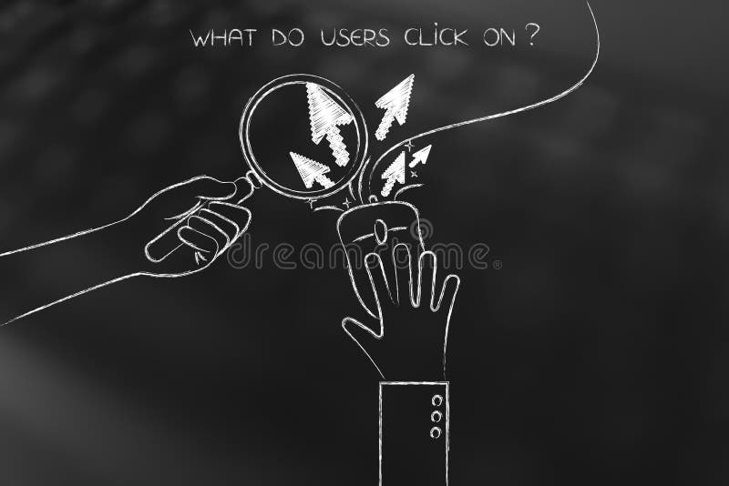 Mano con la lente d'ingrandimento che esamina i clic da un mouse del ` s dell'utente illustrazione di stock