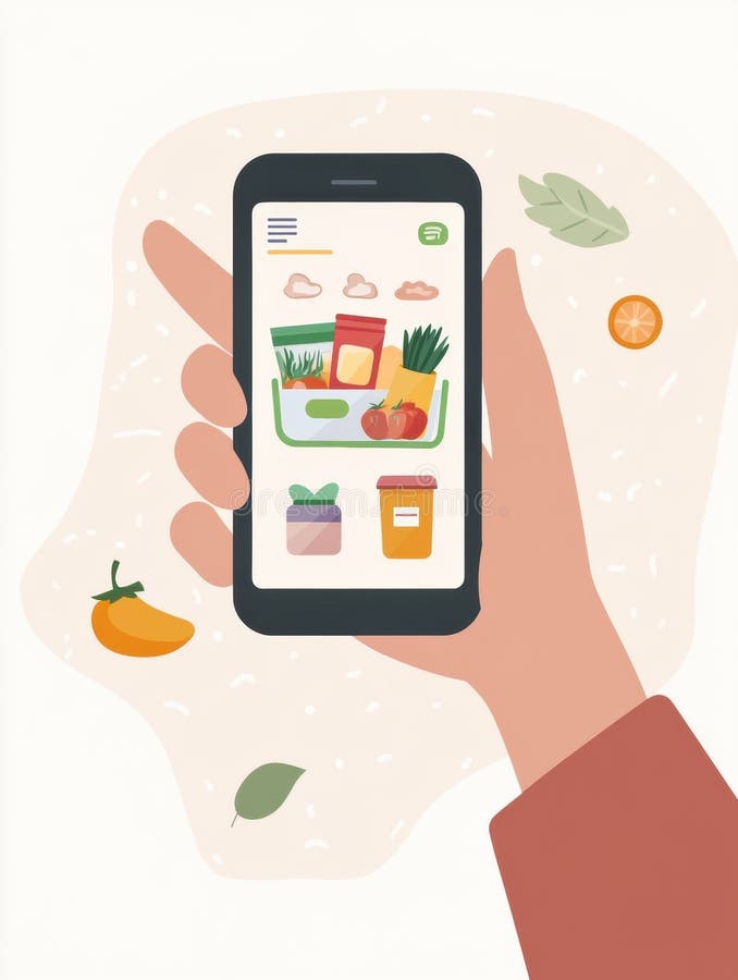 Mano con smartphone e un'applicazione per la consegna dei generi alimentari che visualizza prodotti freschi e oggetti in un design fotografia stock