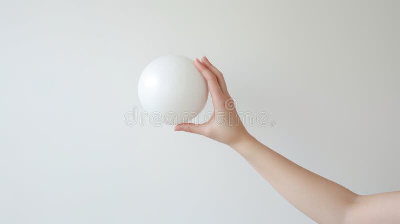 Mano con una sfera bianca perfetta sullo sfondo. Composizione minimalista con la mano umana che presenta un orto bianco. prodotto a base di.