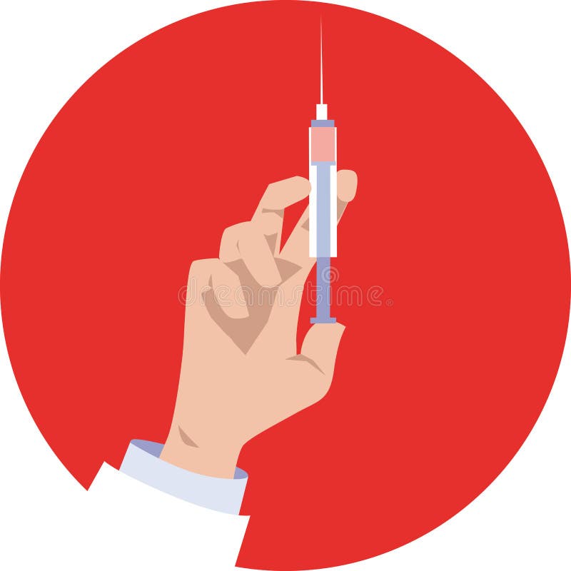Health care professional`s hand holding a syringe on a red circular background, EPS 8 vector illustration. Health care professional`s hand holding a syringe on a red circular background, EPS 8 vector illustration
