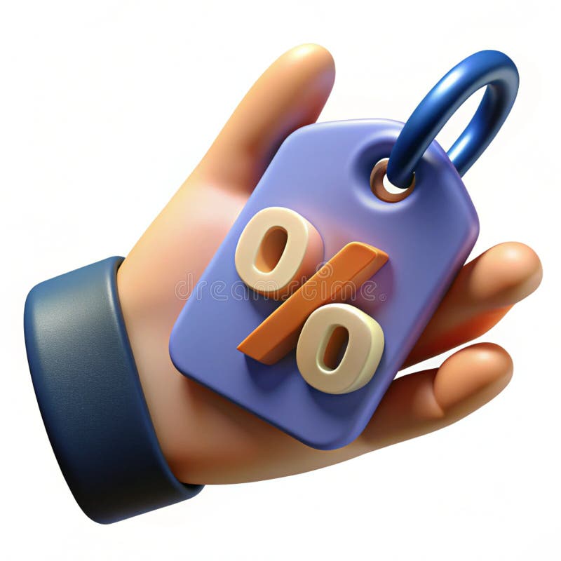 Mano 3D che contiene un tag che indica la percentuale isolata su uno sfondo trasparente