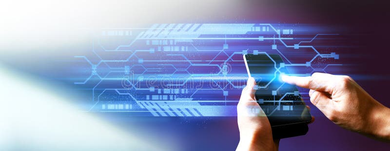 Mano de empresario interactivo tocando un holográfico de transacciones red financiera concepto de tecnología imagenes de archivo