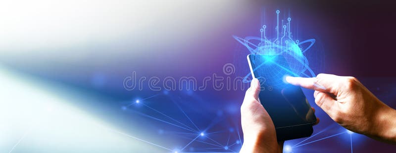 Mano de empresario interactivo tocando un holográfico de transacciones red financiera concepto de tecnología fotografía de archivo libre de regalías