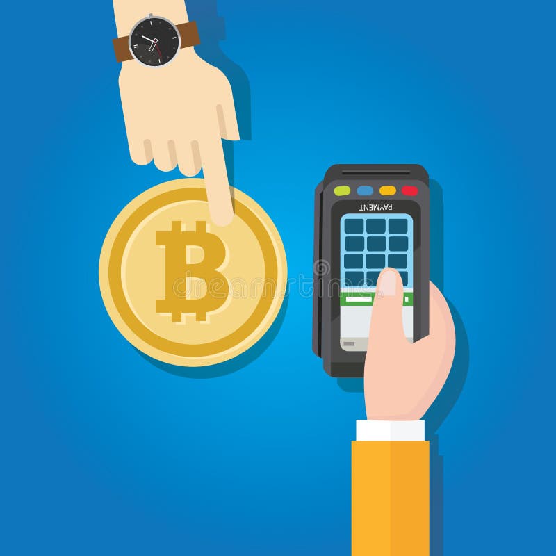 Mano de la forma de pago de la transacción de Bitcoin que sostiene la máquina terminal ilustración del vector Mano de la forma de pago de la transacción de Bitcoin que sostiene la máquina terminal ilustración del vector