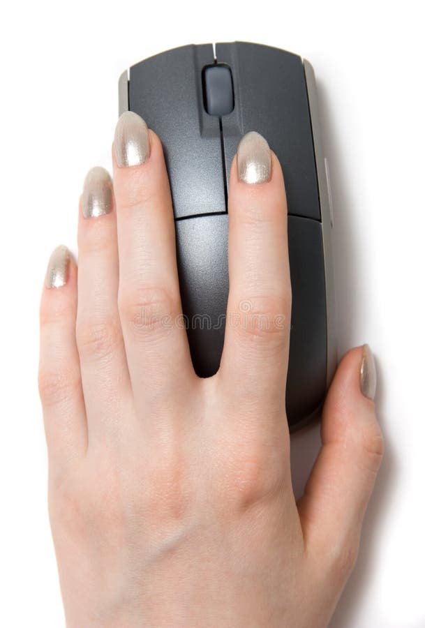 Woman hand on computer mouse. Woman hand on computer mouse.